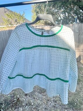 Crown & Ivy PXL Women's White Swiss Dot Blouse with Green Trim